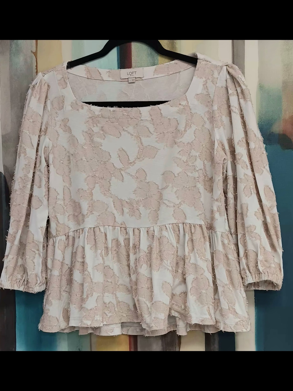 LOFT Soft Floral Textured Cream Cottagecore Boho Peplum Top